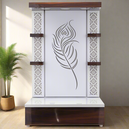 Pooja Mandir Krishna feather Wooden Temple White LED Light for Home and Office - Elegant Wooden Pooja Mandir with Peacock Feather Design and Decorative Panels