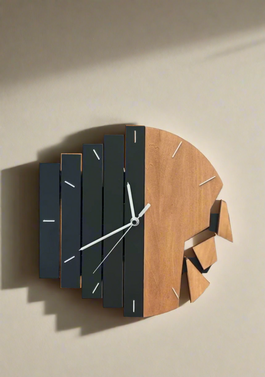 Modern Geometric Wooden & Black Wall Clock with Unique Fragmented Design