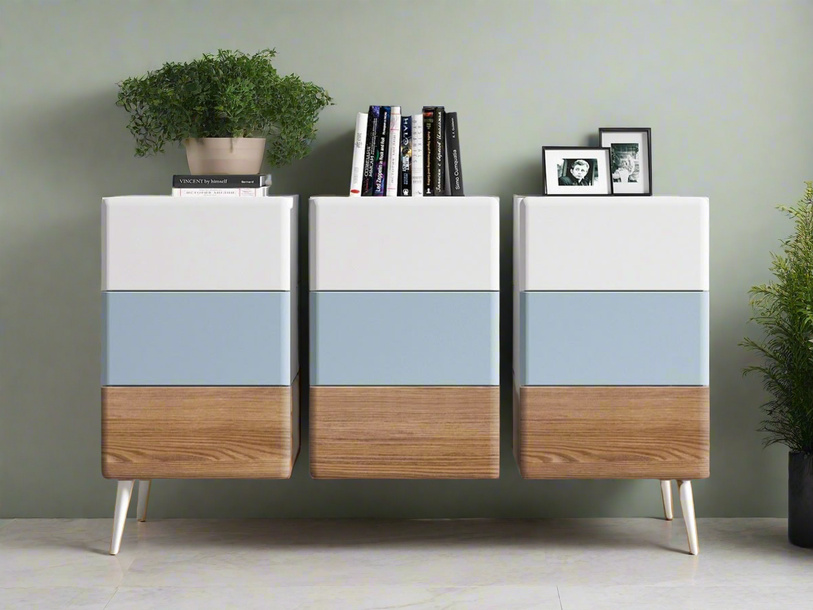 (Exclusive) - Modern Minimalist Cabinet with Blue and Wood Accents - Stylish Storage Solution