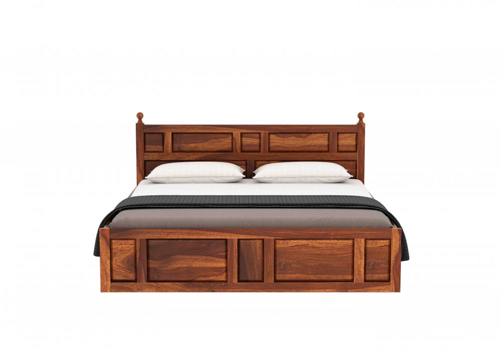 Premium Solid Wood King Size Double Bed with Storage | Natural Finish Wooden Bed