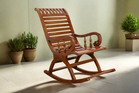 Pure Sagwan Wood Rocking Chair | Rolling Chair In Walnut Colour Polish.