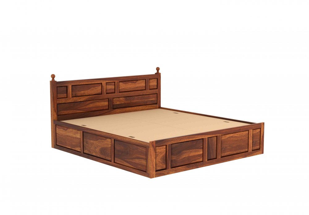 Premium Solid Wood King Size Double Bed with Storage | Natural Finish Wooden Bed