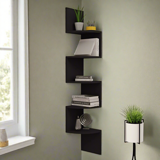 Wooden Wall Shelves Corner Hanging Shelf 5 Tiers - Modern Corner Wall Shelf – Space-Saving Black Floating Shelf for Home Décor and Storage"