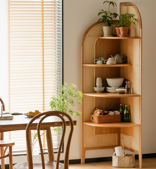 Modern Rattan Cane Corner Shelf | Handcrafted Natural Storage Solution