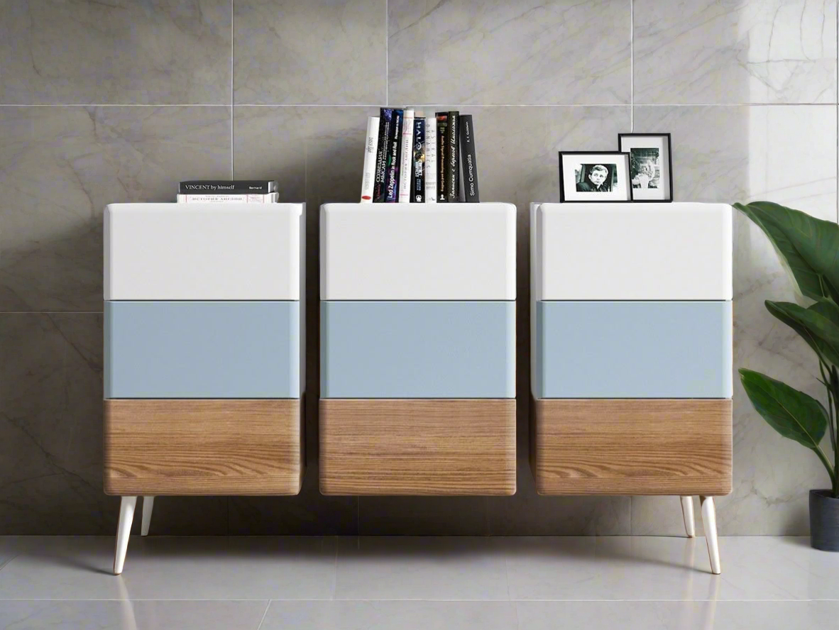 (Exclusive) - Modern Minimalist Cabinet with Blue and Wood Accents - Stylish Storage Solution