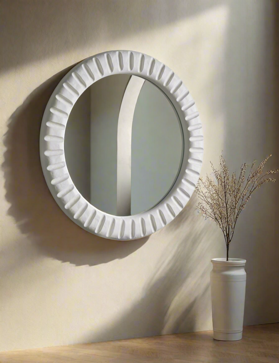 Modern Round White Wall Mirror – Textured Frame Accent Mirror | Elegant Round White Wall Mirror – Modern Textured Frame Decor