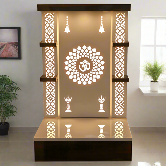 Pooja Mandir Wooden Temple White LED Light for Home and Office - Modern Pooja Mandir with Backlit Om Design, Wooden Accents, and Jaali Work for Home