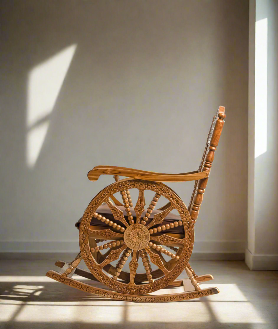 Handcrafted Luxury Wooden Rocking Chair with Intricate Carvings & Premium Upholstery