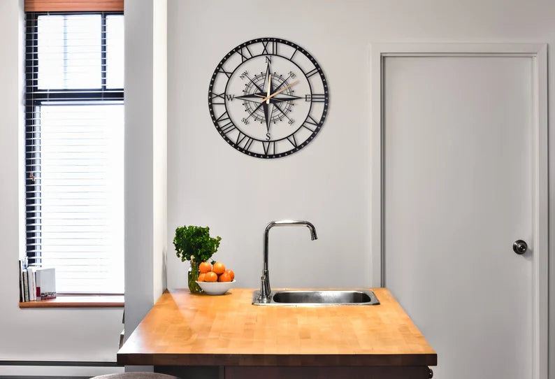 Large Compass Wall Clock with Roman Numerals – Modern Metal Design for Home or Office Decor