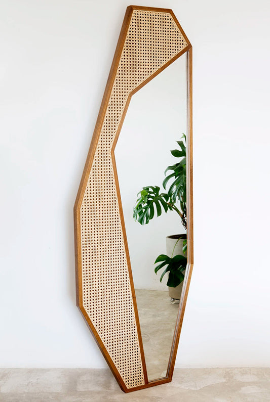 Geometric Teakwood Rattan Cane Mirror | Modern Boho Décor