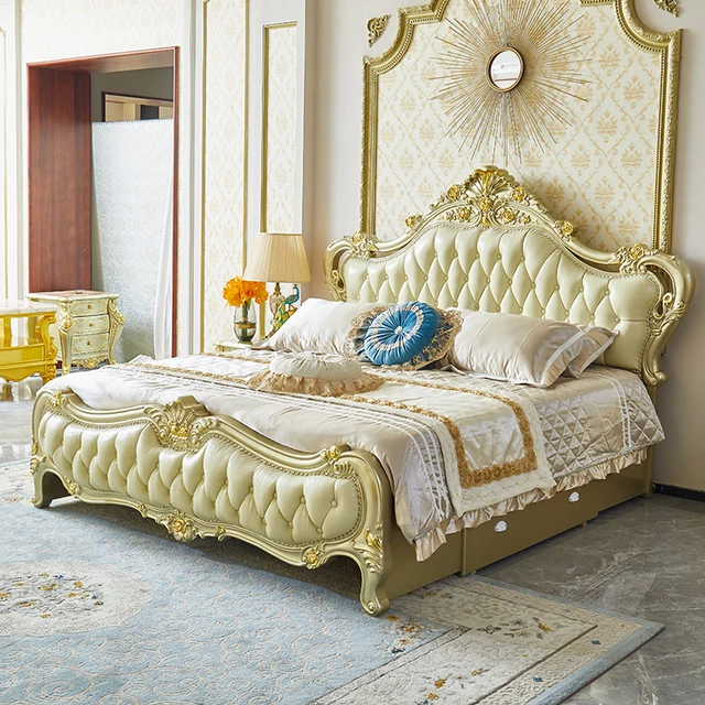 This Royal light Greenish Gold Finish luxury carved wooden bed makes your bedroom luxurious.