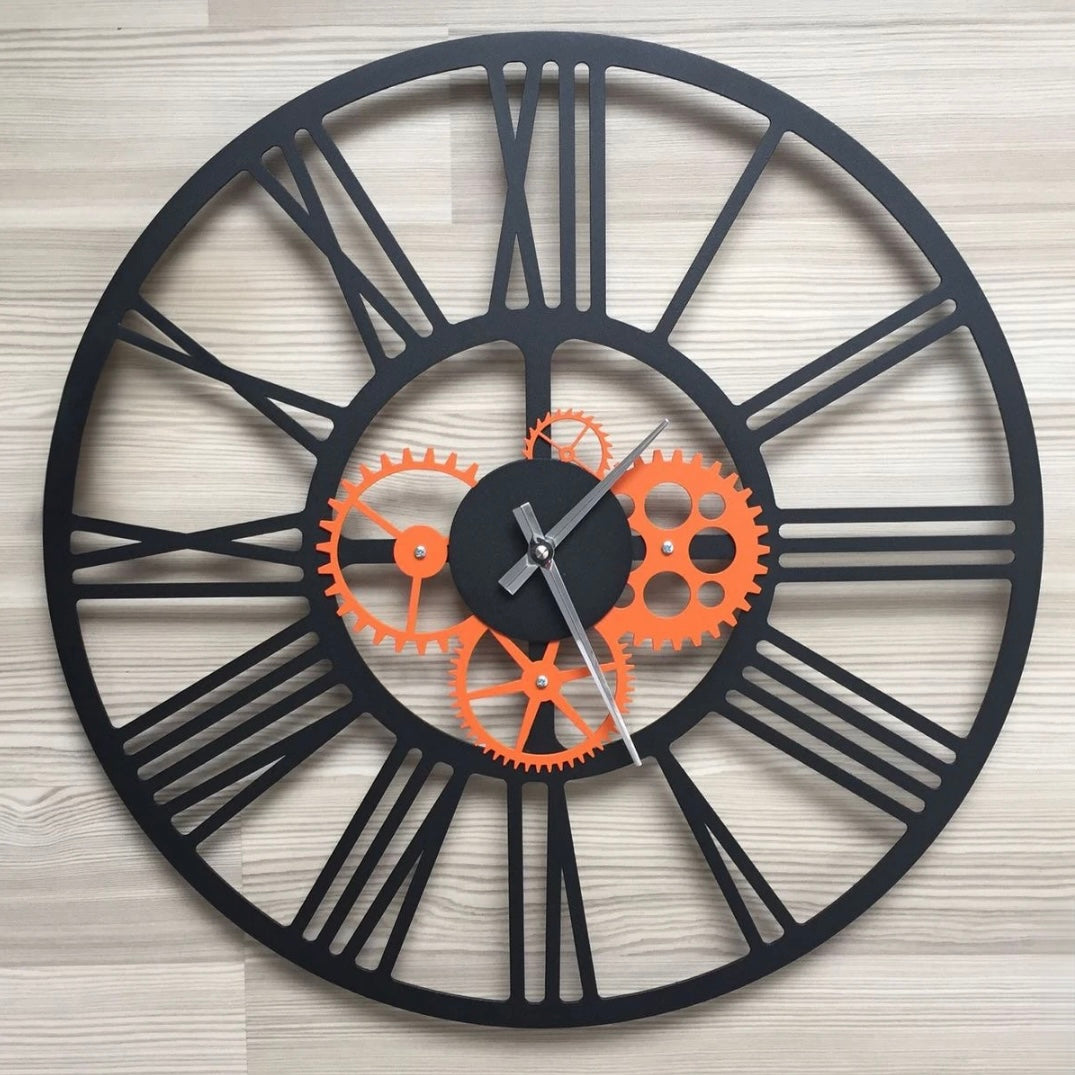 Stylish Industrial Gear Wall Clocks with Roman Numerals — Modern Designs in Orange, Blue, Yellow, and Red for Home Decor