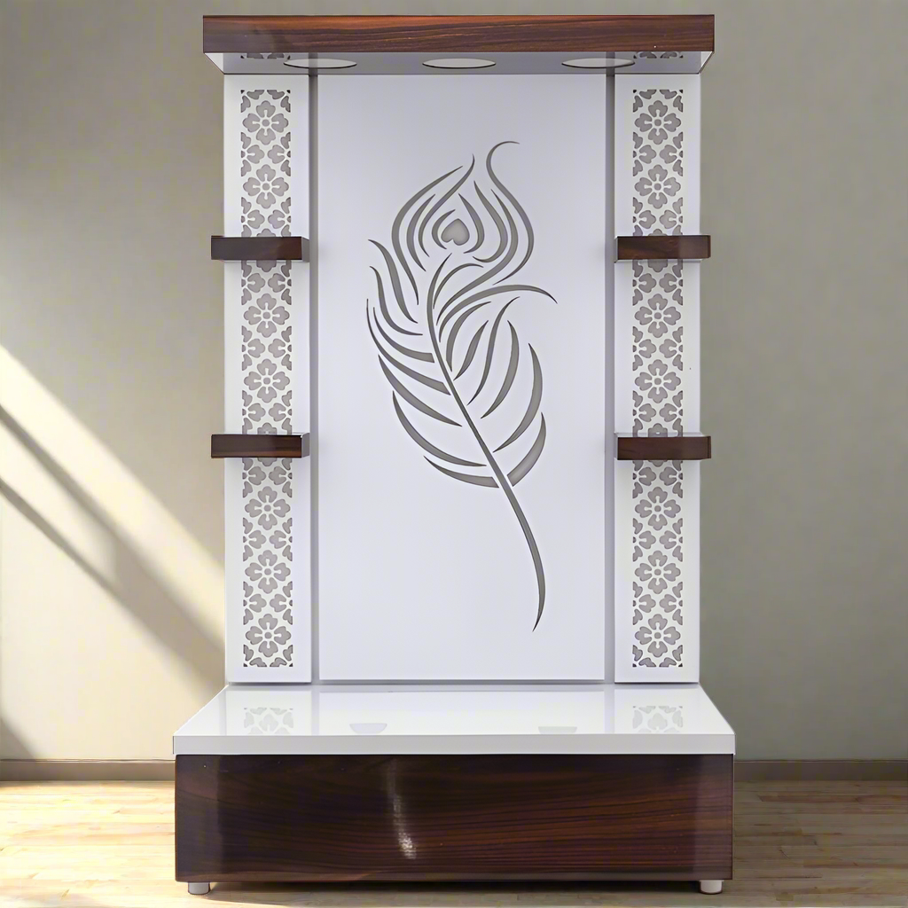 Pooja Mandir Wooden Temple Krishna Design White LED Light for Home and Office - Elegant Wooden Pooja Mandir with Peacock Feather Design and Decorative Panels