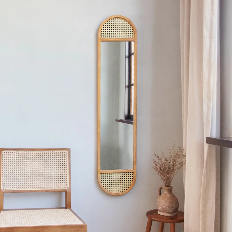 Rattan-Accented Wall Mirror - Slim Rectangular Boho Mirror for Home Decor