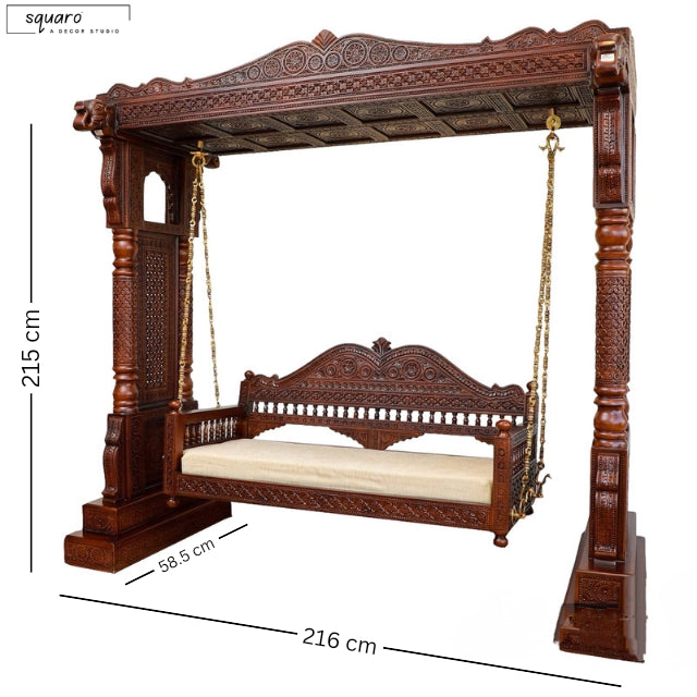 Large Wooden Carved Designer Swing (Jhoola) with Brass Chain Decor