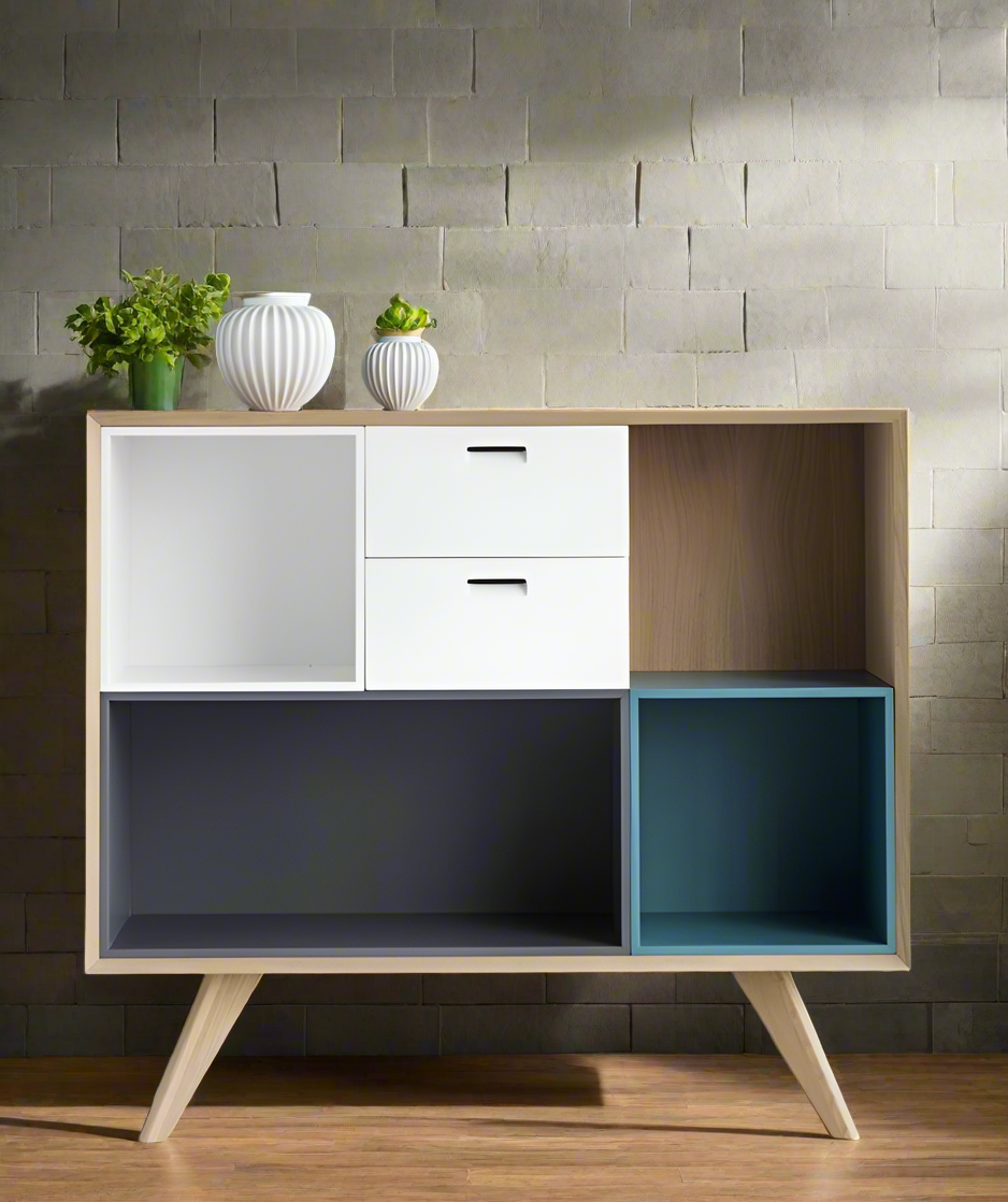 Modern Wooden Multi-Compartment Cabinet with White, Grey, and Blue Storage for Stylish Interiors | Luxury Scandinavian-Inspired Wooden Cabinet with Multi-Toned Storage for Sophisticated Living Spaces