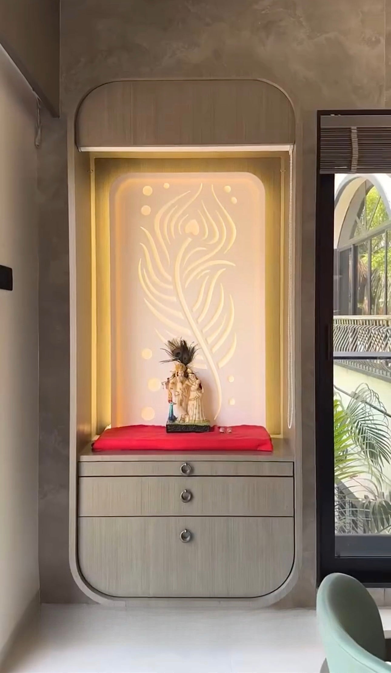 Modern Design Laminated Pooja Mandir with Corian LED Backlit Krishna Feather Peacock Design – Wall-Mounted Home Temple for Worship & Décor