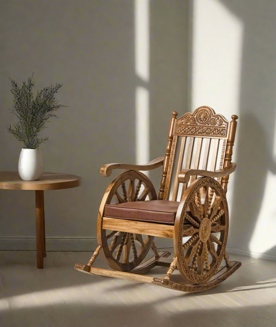 Handcrafted Luxury Wooden Rocking Chair with Intricate Carvings & Premium Upholstery