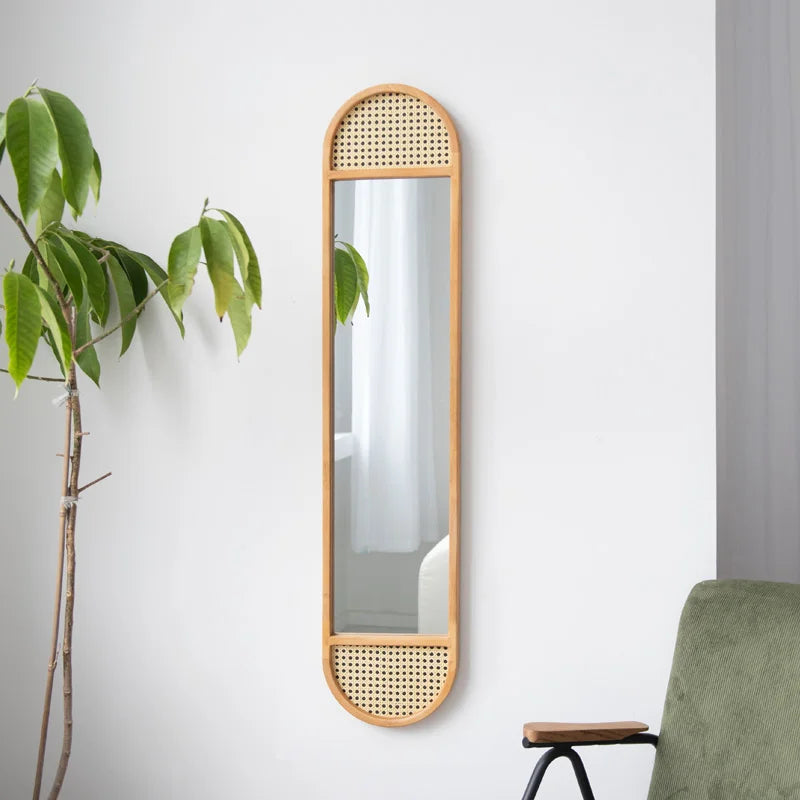 Rattan-Accented Wall Mirror - Slim Rectangular Boho Mirror for Home Decor