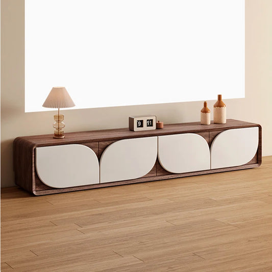 Modern Minimalist TV Cabinet with Curved White Doors | Sleek Wood Media Console for Stylish Living Rooms