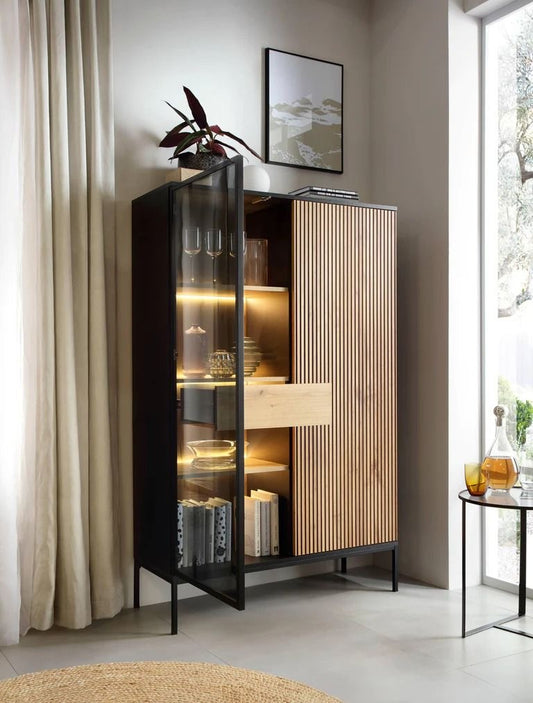 Modern Design Walnut and Glass Display Cabinet with LED Lighting – Sleek Storage Solution for Dining and Living Spaces