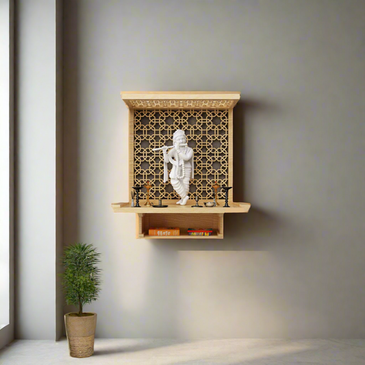 Pooja Mandir Wooden Temple Modern Design - Modern Wall-Mounted Wooden Pooja Mandir with Intricate Lattice Design (30 Inches)