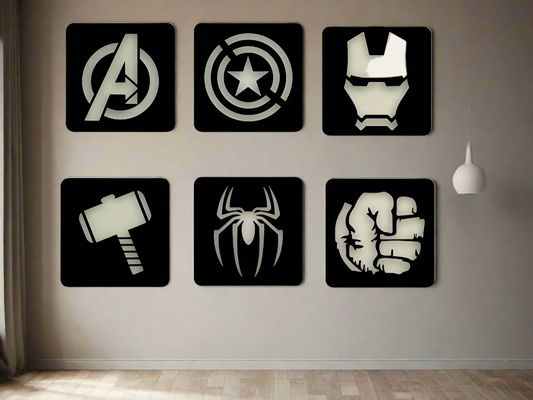 Superhero Logo Wall Art Set - Modern Decorative Panels for Comic Fans | Avengers Wall Decor Superhero Logos (Set of 6)