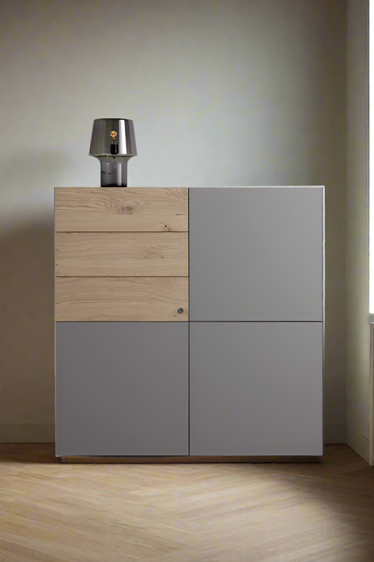 Modern Grey and Wood Corner Storage Cabinet with Minimalist Design - Stylish Grey and Wood Storage Cabinet for Modern Interiors