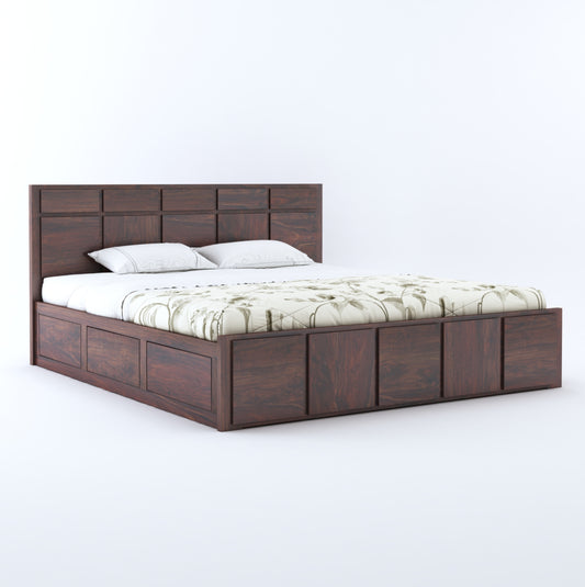 Solid Wood King Size Bed with Headboard and Storage | Elegant Dark Finish Modern Design