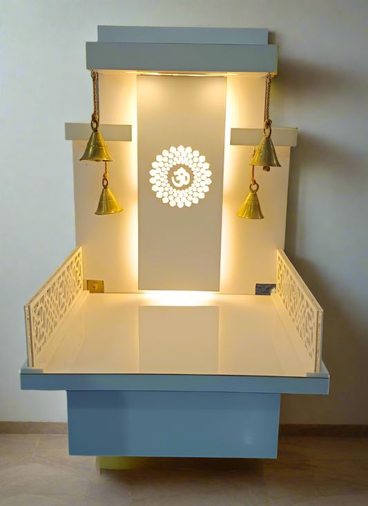 Modern Design Wooden Pooja Mandir with Backlit Om Symbol and Storage - Pooja Mandir Wooden Temple White LED Light for Home and Office (36 Inches)