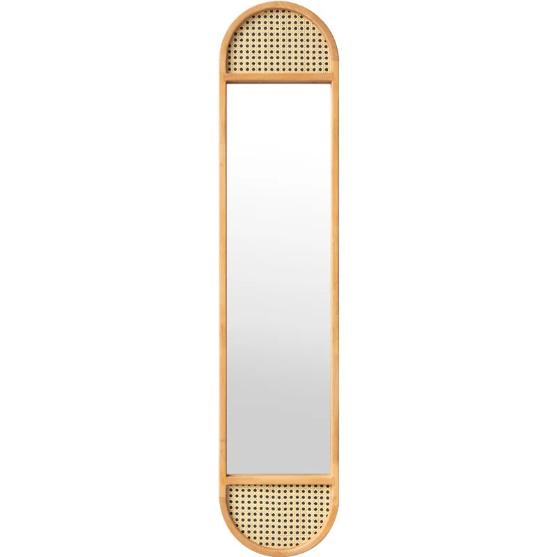 Rattan-Accented Wall Mirror - Slim Rectangular Boho Mirror for Home Decor