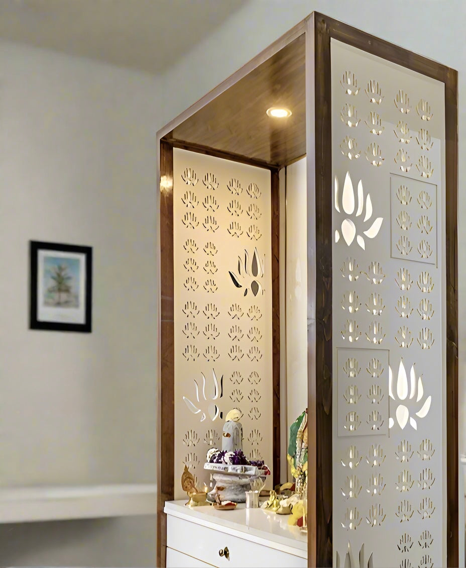 Luxury Wooden Pooja Mandir with Large Side Corian Jali & Storage | Modern Home Temple | Modern Wooden Pooja Mandir with Large Corian Jali Panels & Storage Cabinets