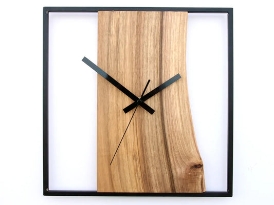 Modern Minimalist Wooden Wall Clock with Black Metal Frame | Live-Edge Design Timepiece