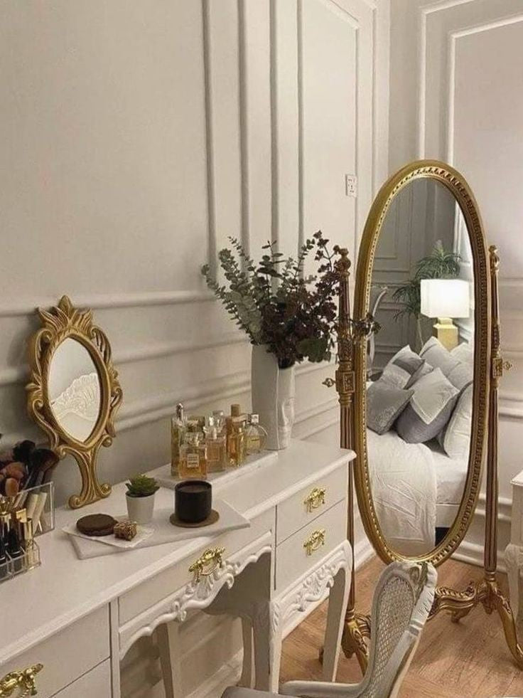 This Exquisite Vintage Inspired Standing Mirror - This Elegant Full-Length Mirror is Beautifully Framed in a Luxurious Gold Finish