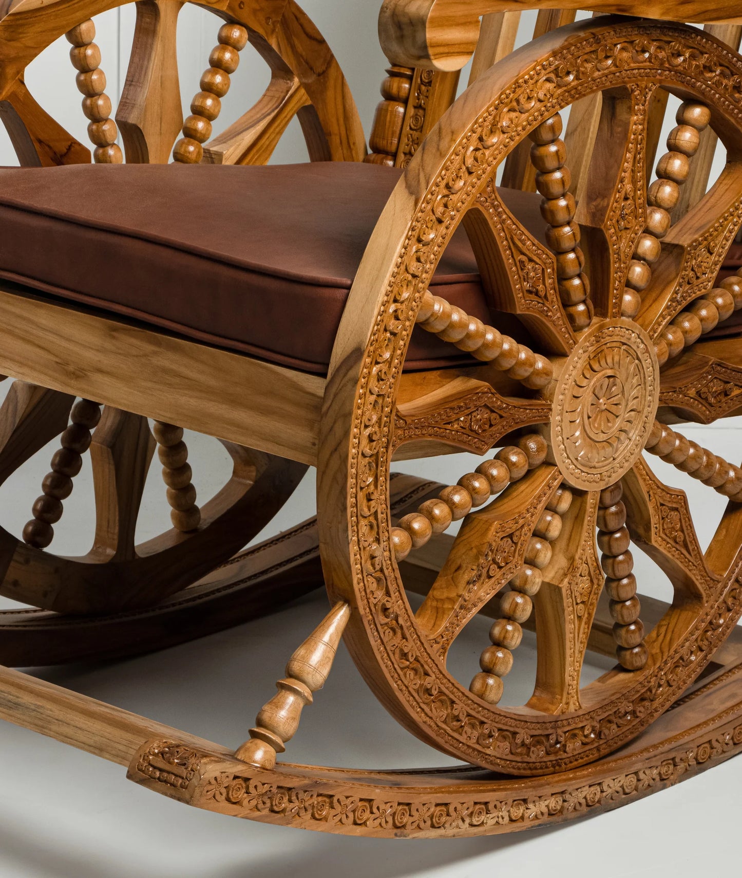 Handcrafted Luxury Wooden Rocking Chair with Intricate Carvings & Premium Upholstery