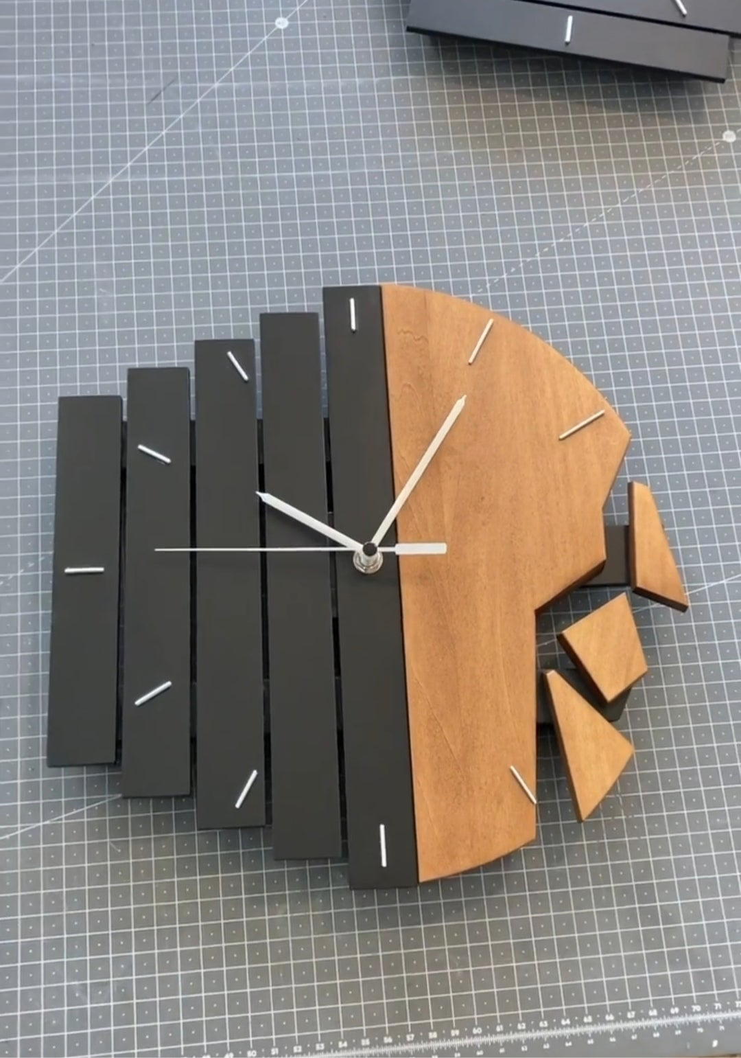 Modern Geometric Wooden & Black Wall Clock with Unique Fragmented Design