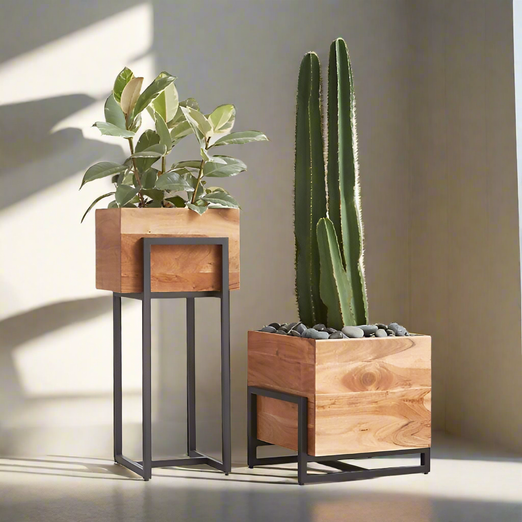 Modern Wooden Planters with Metal Stands – Stylish Indoor Plant Display for Contemporary Homes