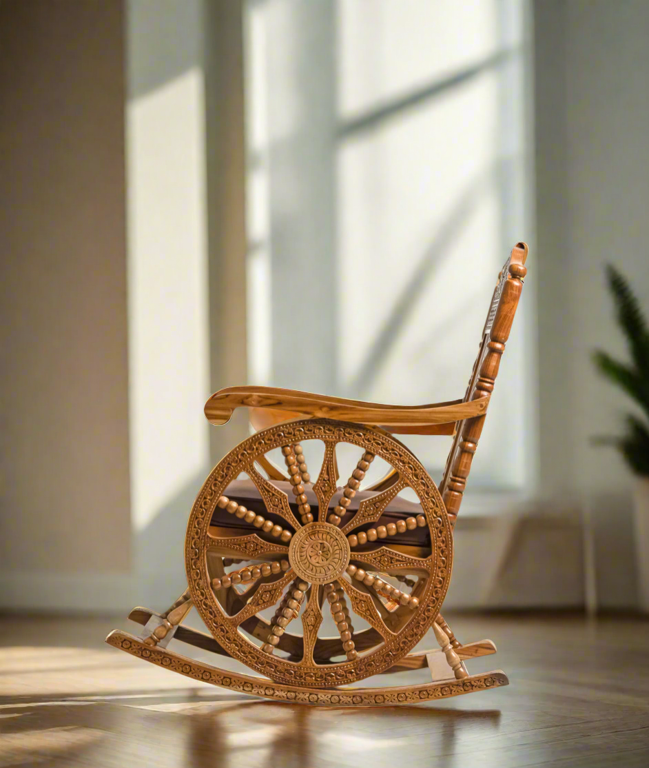 Handcrafted Luxury Wooden Rocking Chair with Intricate Carvings & Premium Upholstery