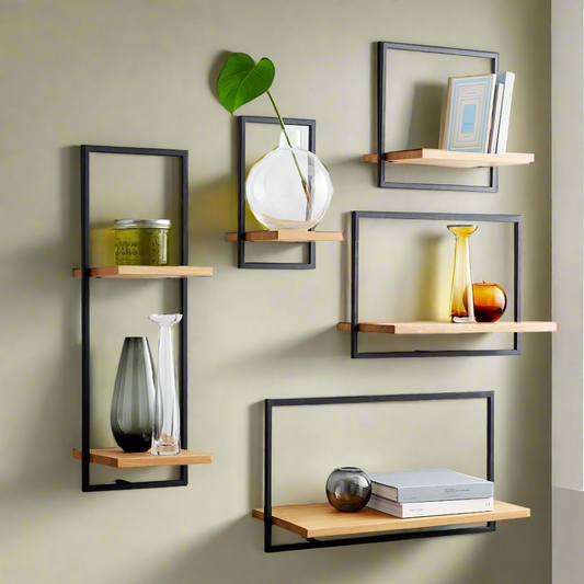 Metal Framed Wooden Wall Shelves Set Of 5 - Modern Wall-Mounted Floating Shelves with Metal Frames – Decorative Wooden Display for Home