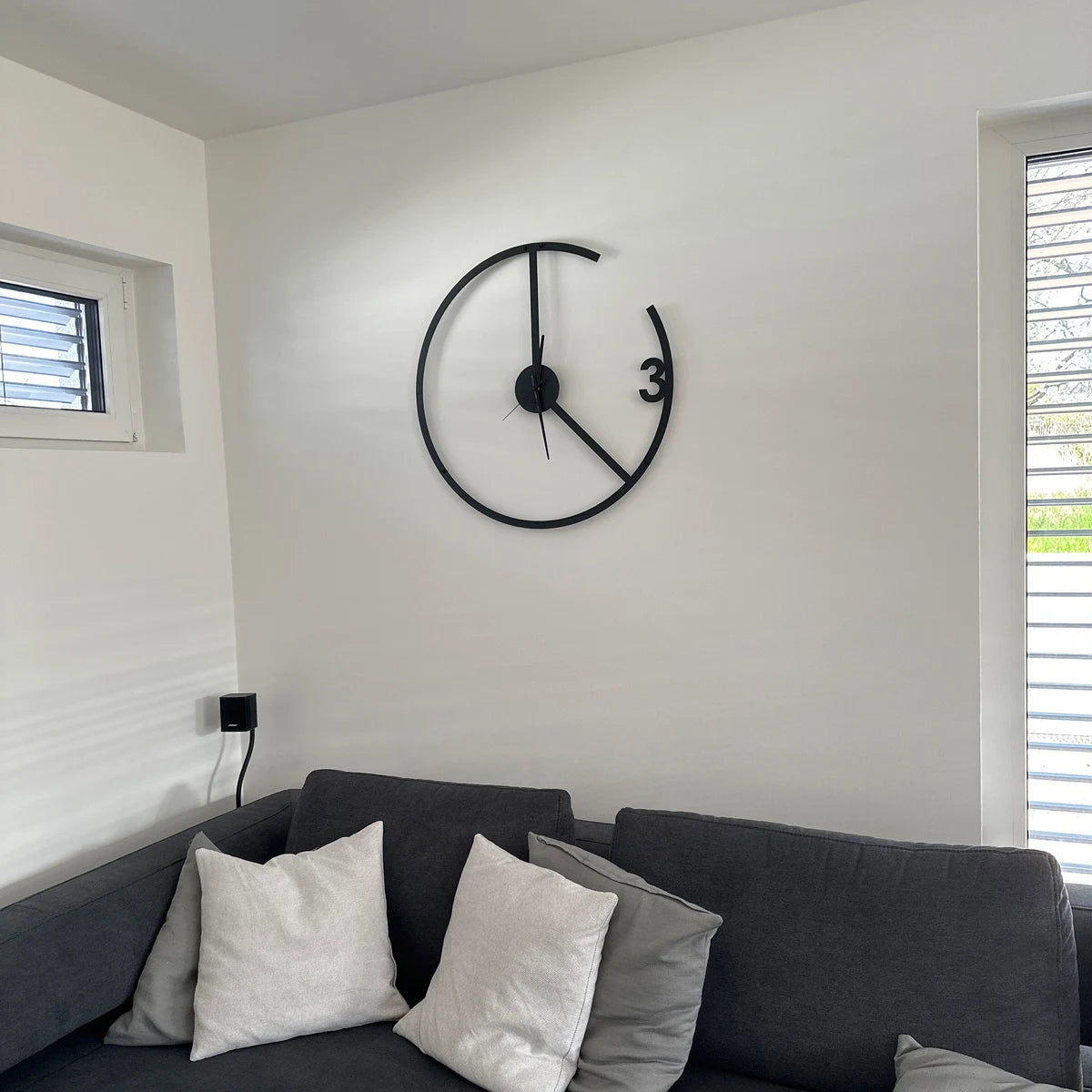 Minimalist Modern Wall Clock - Unique Open-Frame Design with Number 3 Accent