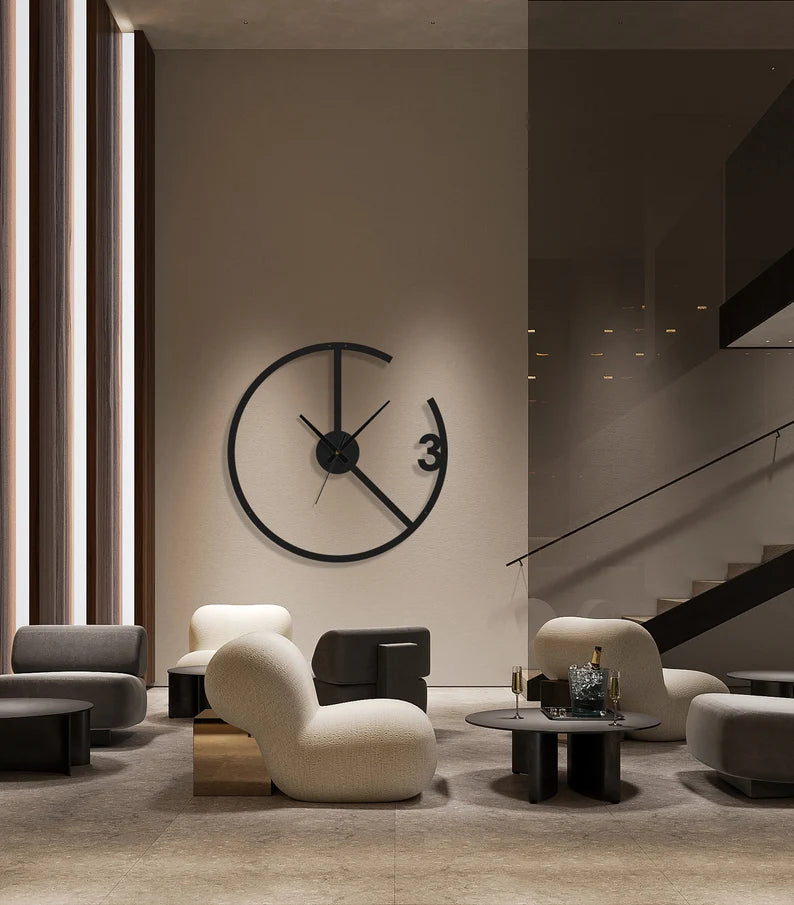 Minimalist Modern Wall Clock - Unique Open-Frame Design with Number 3 Accent