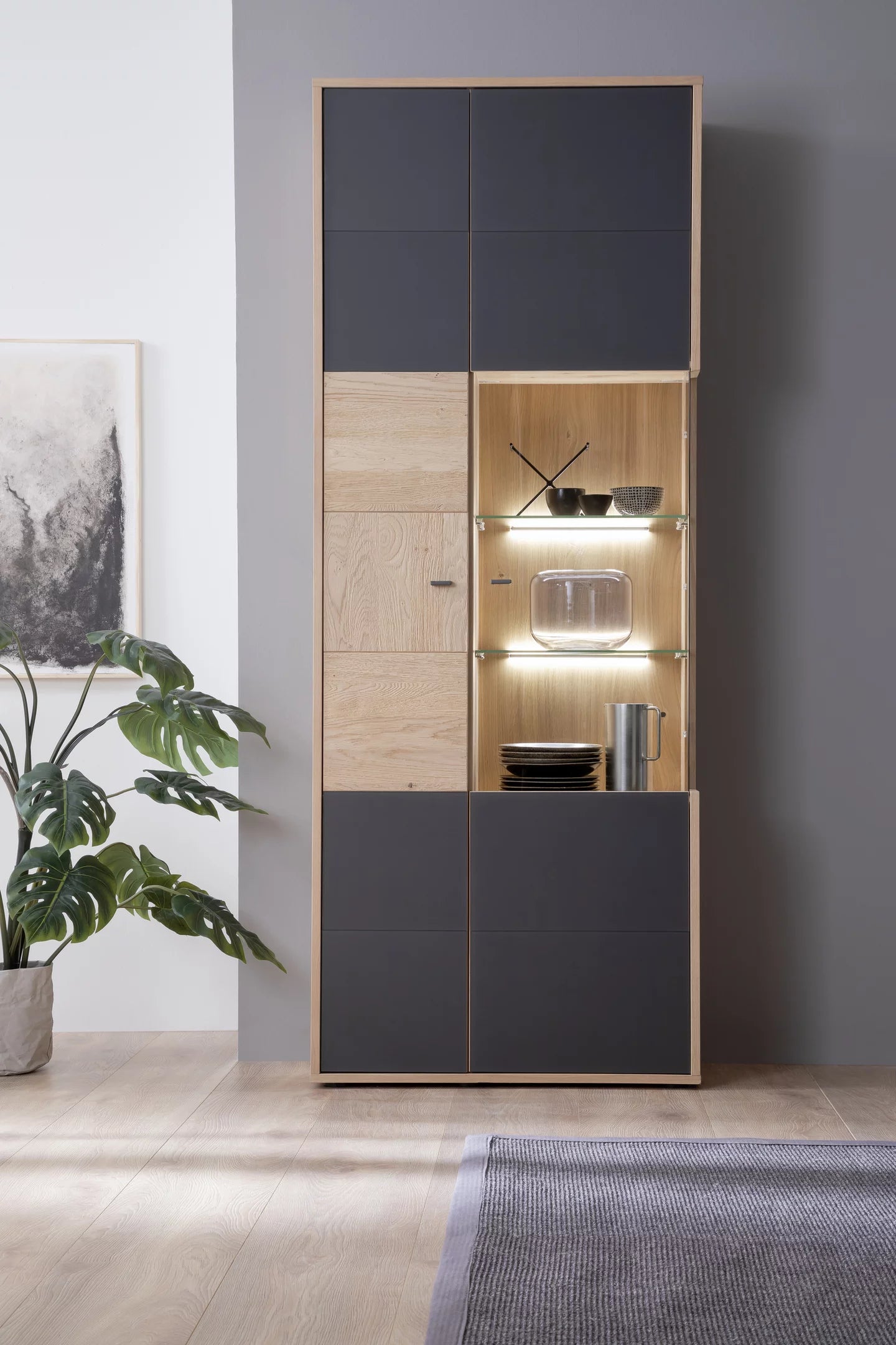 Modern Design Two-Tone Cabinet with LED Lighting and Versatile Storage for Home Decor