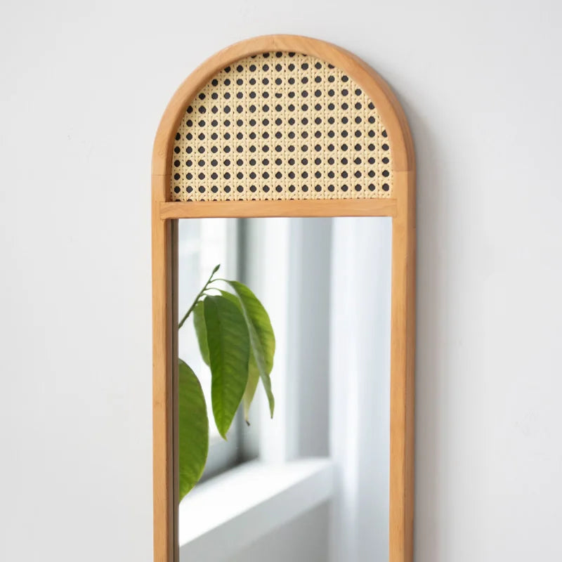 Rattan-Accented Wall Mirror - Slim Rectangular Boho Mirror for Home Decor