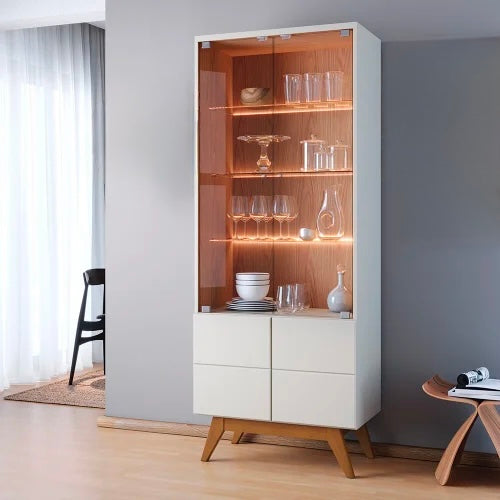 Modern Design Display Cabinet with LED Lighting and Glass Shelves – Stylish White Storage Unit with Wooden Accents