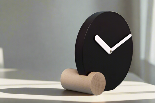 Minimalist Tabletop Clock Showcases A Sleek Black Circular Face - Resting On A Cylindrical Natural Wood Base