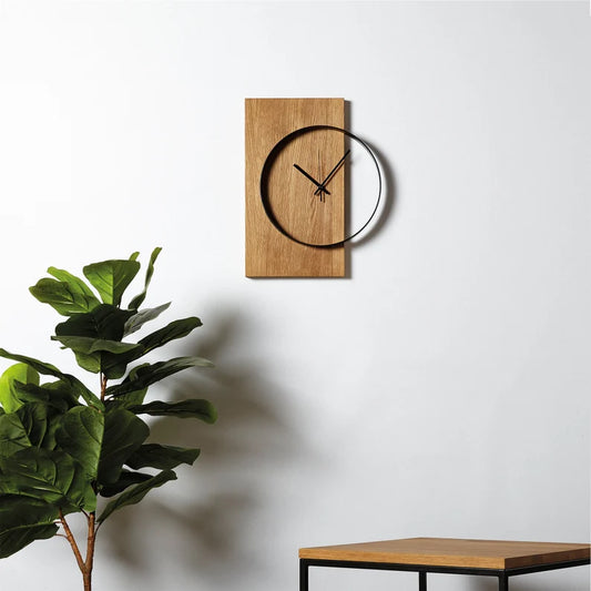 Minimalist Wooden Wall Clock | Modern Oak Wood Decor with Black Metal Frame