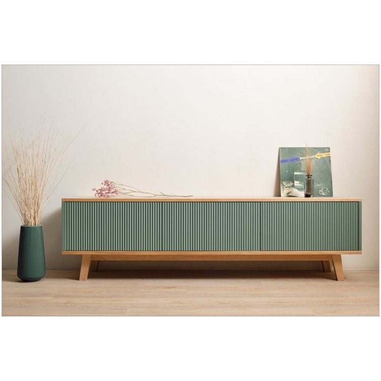 Imported Steam Beech Wood TV Cabinet with Ribbed Sage Green Front – Modern & Stylish Media Console | Modern Streamlined Beech Wood TV Cabinet with Ribbed Front for Stylish Living Rooms