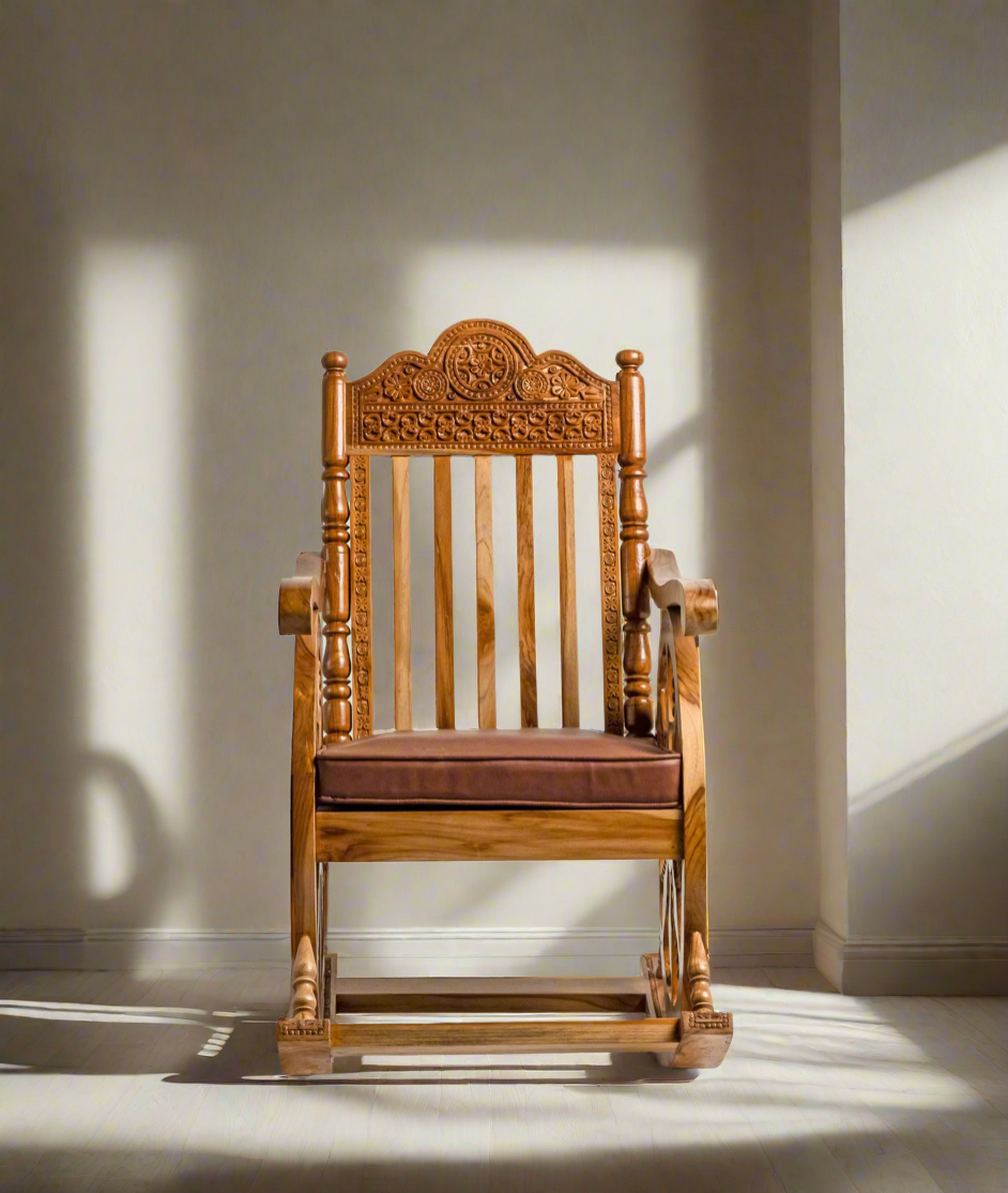 Handcrafted Luxury Wooden Rocking Chair with Intricate Carvings & Premium Upholstery