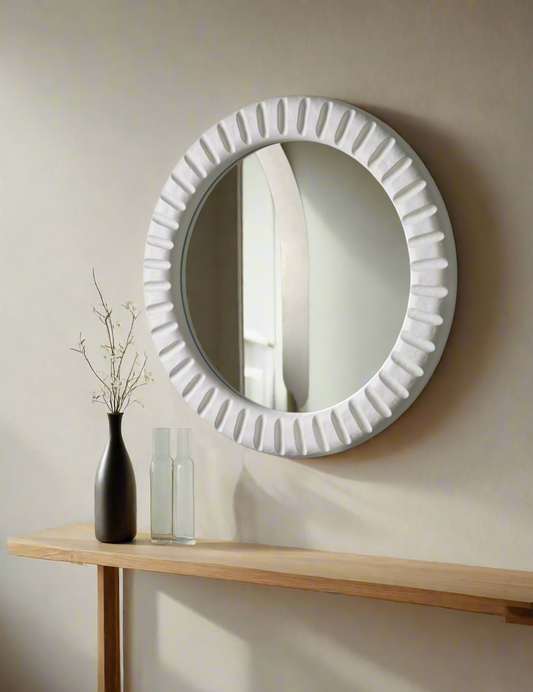 Modern Round White Wall Mirror – Textured Frame Accent Mirror | Elegant Round White Wall Mirror – Modern Textured Frame Decor