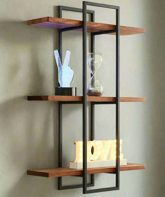 Modern Industrial Wall Shelf with Wood and Metal Frame - Decorative Storage Unit